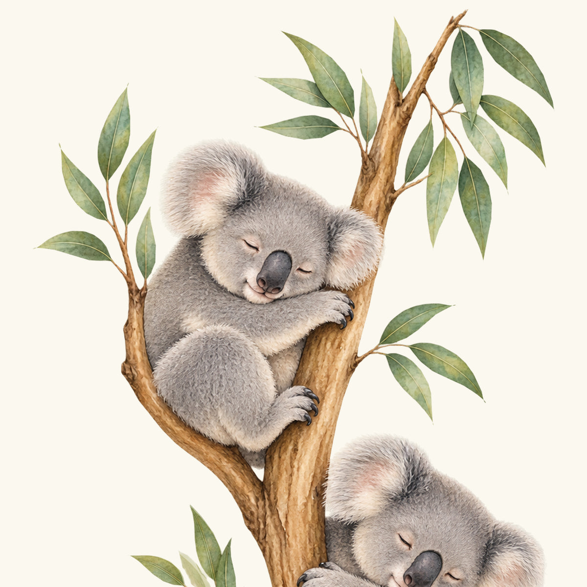 Motivdetail des Wandtattoos Schlafenszeit: Der obere Koala schläft mit geschlossenen Augen am Eukalyptusast.