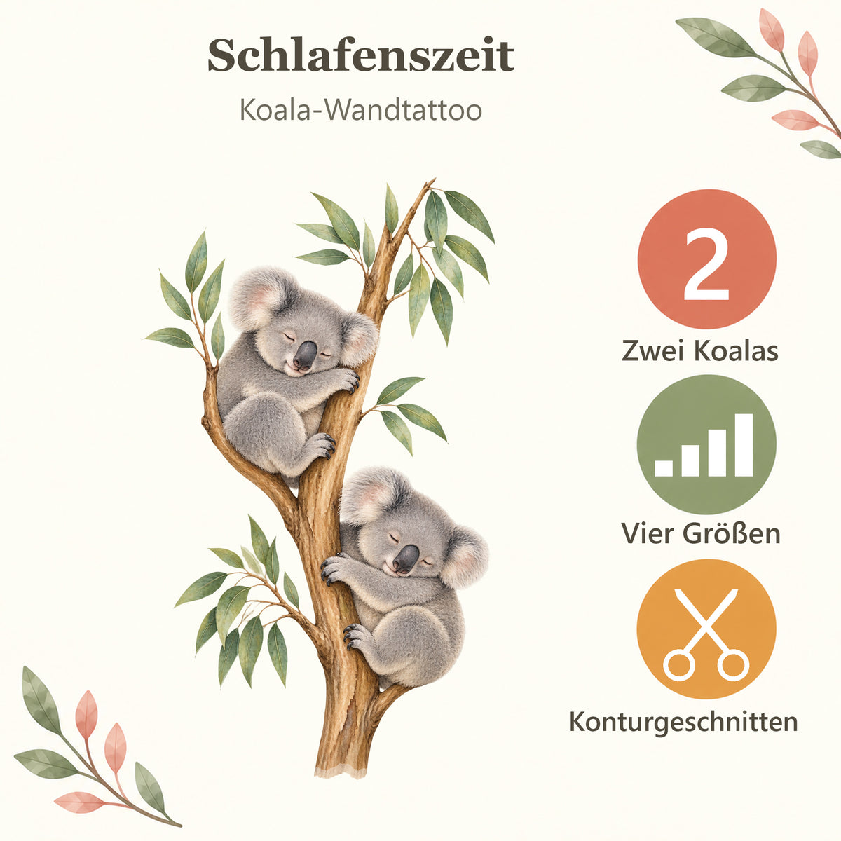 Koala-Wandtattoo Schlafenszeit mit den Eigenschaften: zwei Koalas, vier Größen, konturgeschnitten.