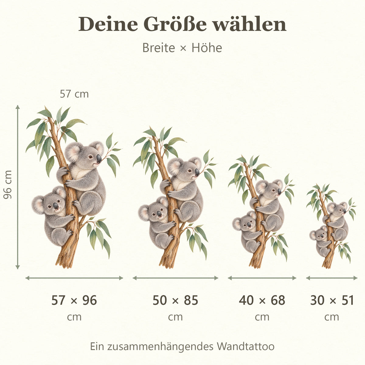 Größenvergleich für Kleine Entdecker: 30 × 51 cm, 40 × 68 cm, 50 × 85 cm, 57 × 96 cm, jeweils Breite × Höhe. Ein zusammenhängendes Wandtattoo.