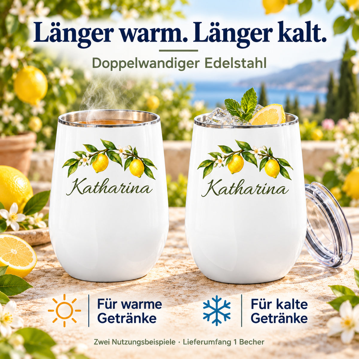Weinbecher mit Zitronen in zwei Beispielen mit warmem und kaltem Getränk; Lieferumfang ein Becher