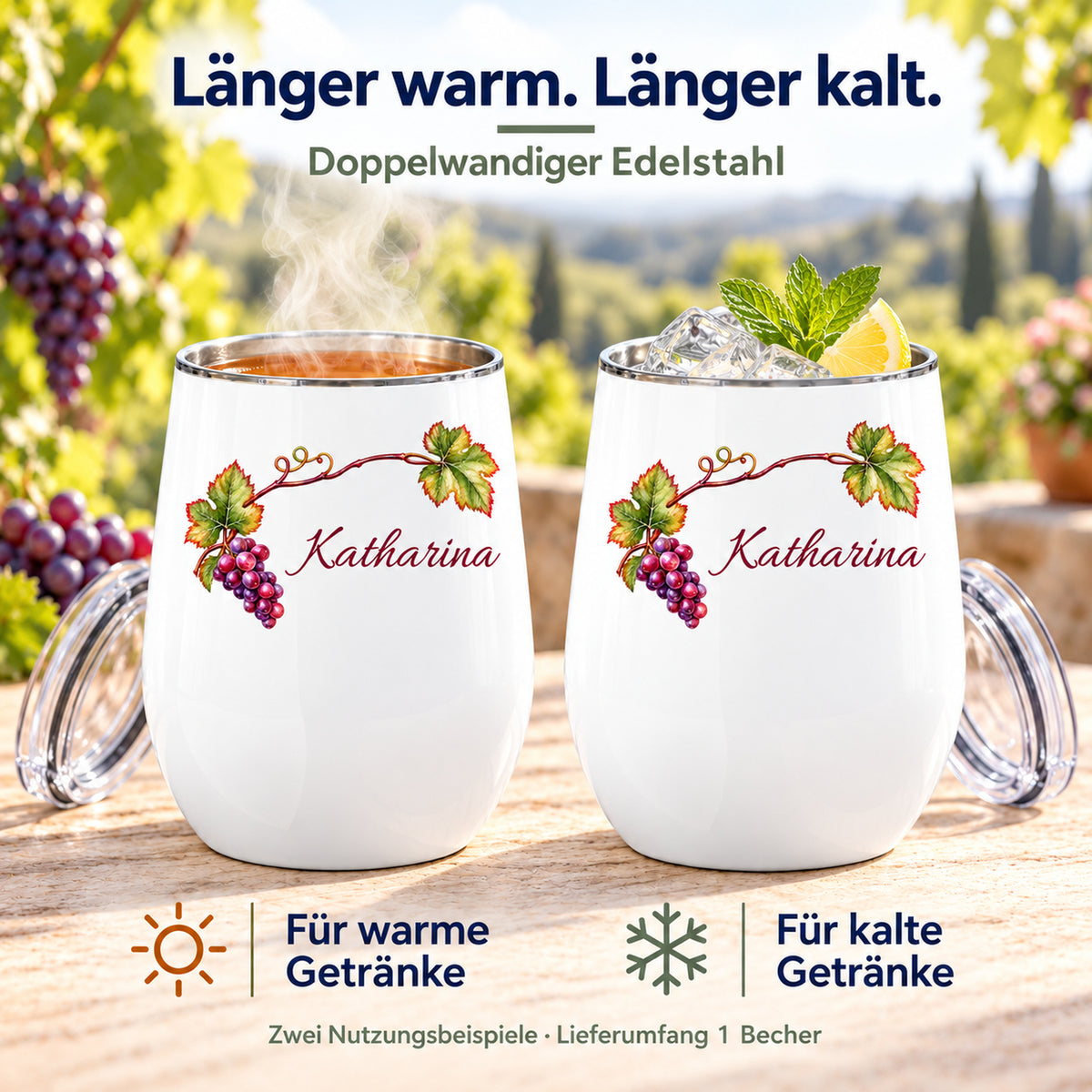 Weinbecher mit Weinlaub und Trauben in zwei Beispielen mit warmem und kaltem Getränk; Lieferumfang ein Becher
