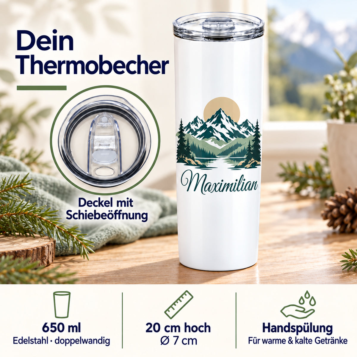 Thermobecher mit Berggipfeln und Sonne: Deckeldetail, 650 ml, 20 cm Höhe, Ø 7 cm und Handspülung.