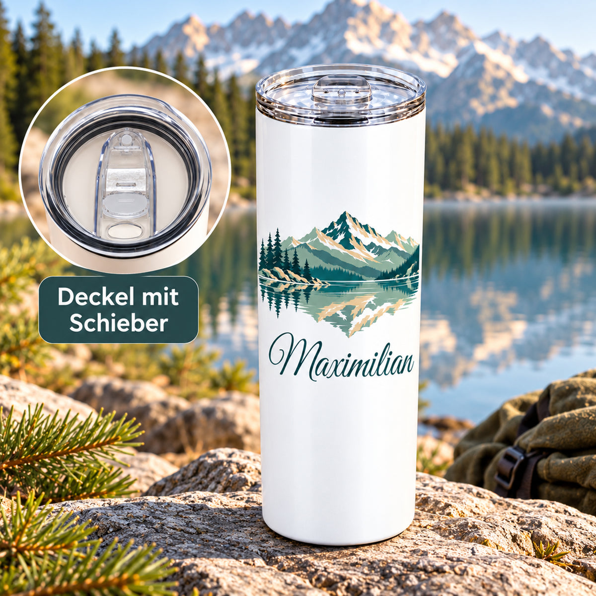 Thermobecher mit Bergsee und Tannen und Wunschname; transparenter Deckel mit Schieber von oben.