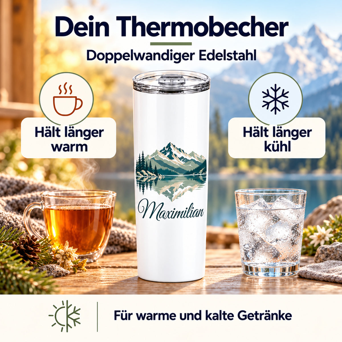 Thermobecher mit Bergsee und Tannen und Wunschname zwischen heißem Tee und Eiswasser, mit Warm- und Kalt-Symbolen.