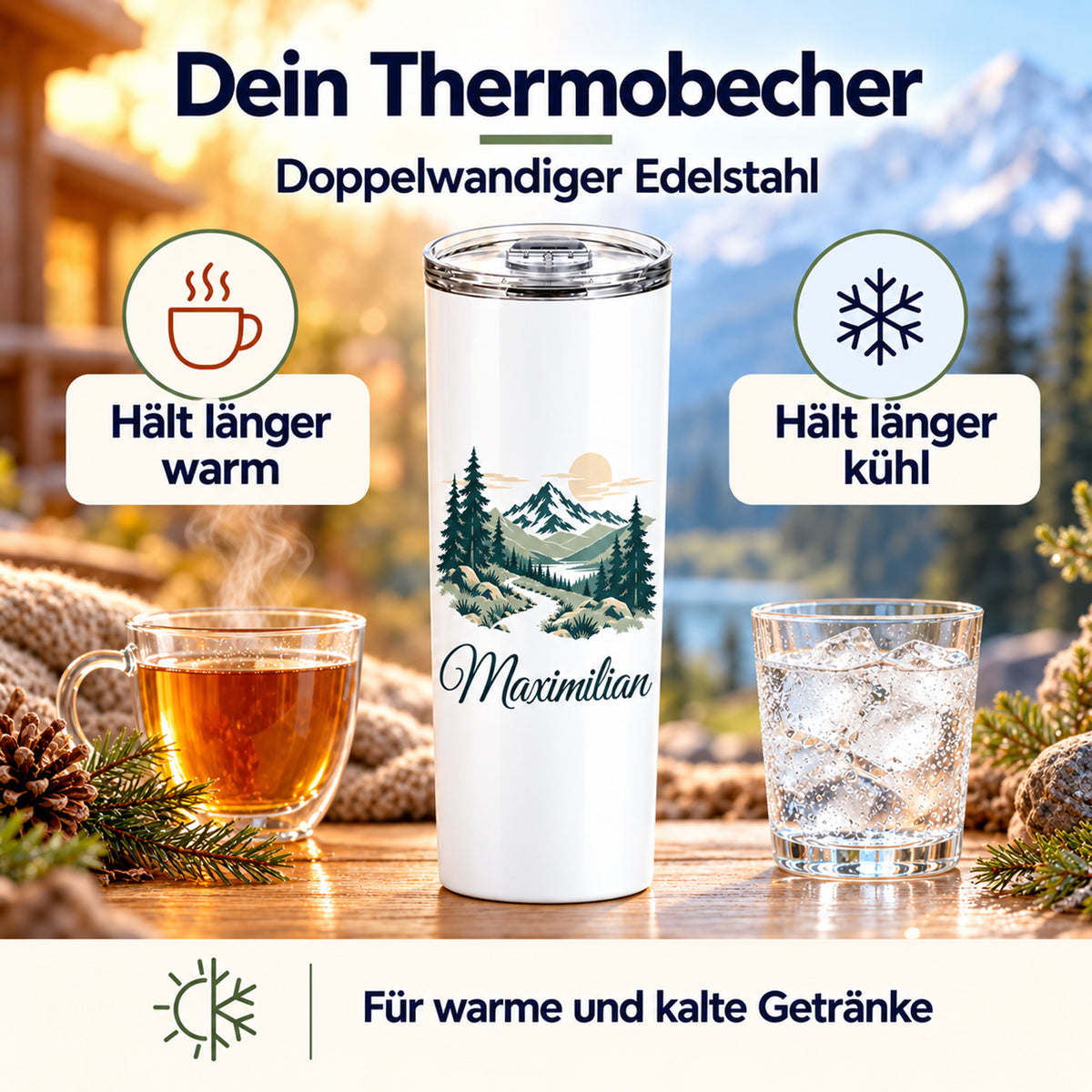 Thermobecher mit Waldpfad und Bergen und Wunschname zwischen heißem Tee und Eiswasser, mit Warm- und Kalt-Symbolen.