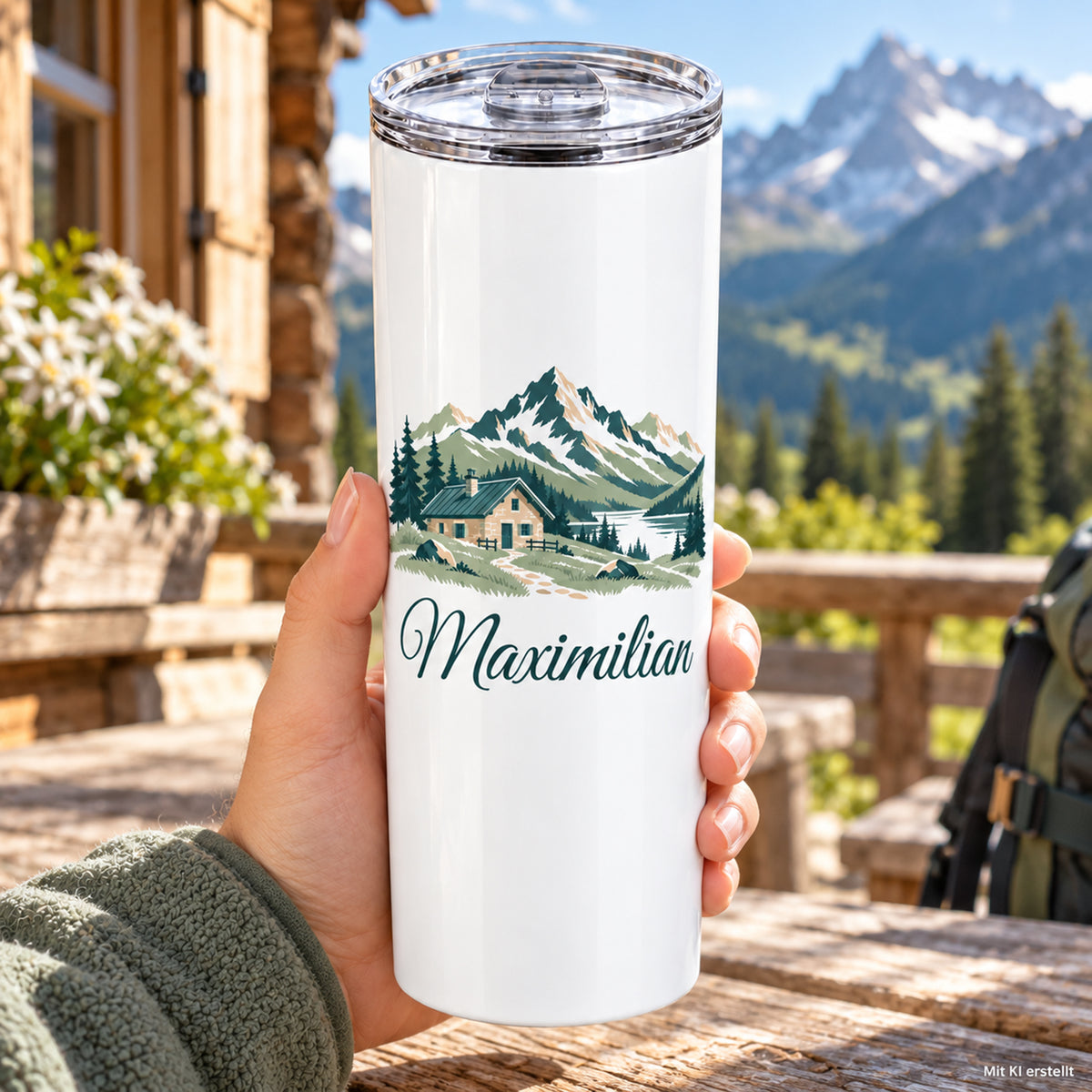 Thermobecher mit Berghütte und Bergen und Wunschname in einer Hand vor Bergkulisse.