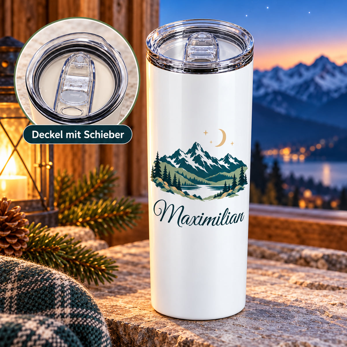 Thermobecher mit Bergen, Mond und Sternen und Wunschname; transparenter Deckel mit Schieber von oben.