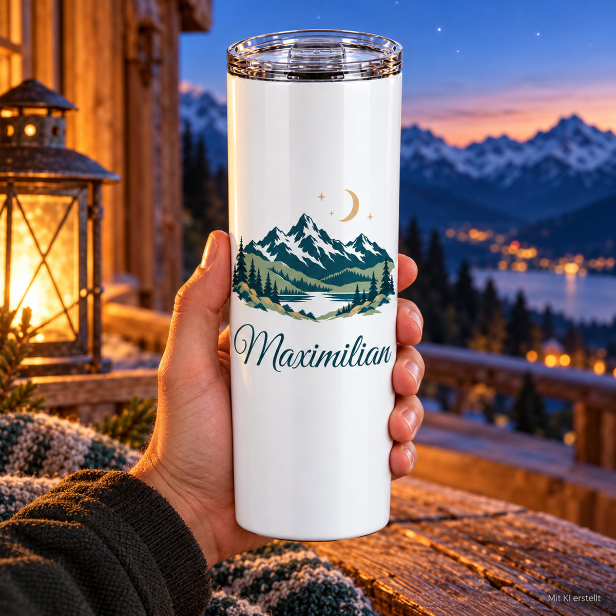 Thermobecher mit Bergen, Mond und Sternen und Wunschname in einer Hand vor Bergkulisse.