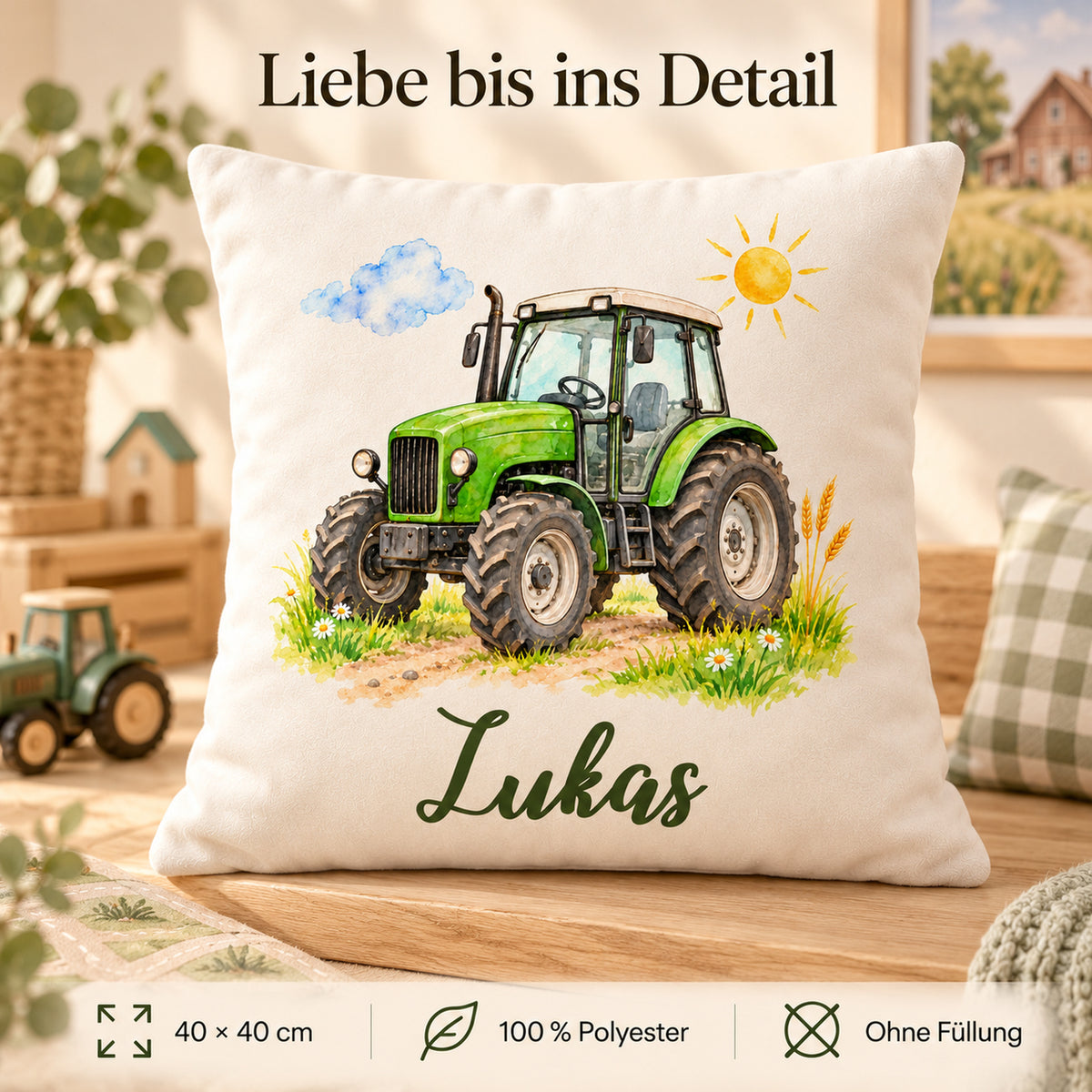 Traktor-Kissen mit Lukas und Produktdetails: 40 × 40 cm, 100 % Polyester und Lieferung ohne Füllung.