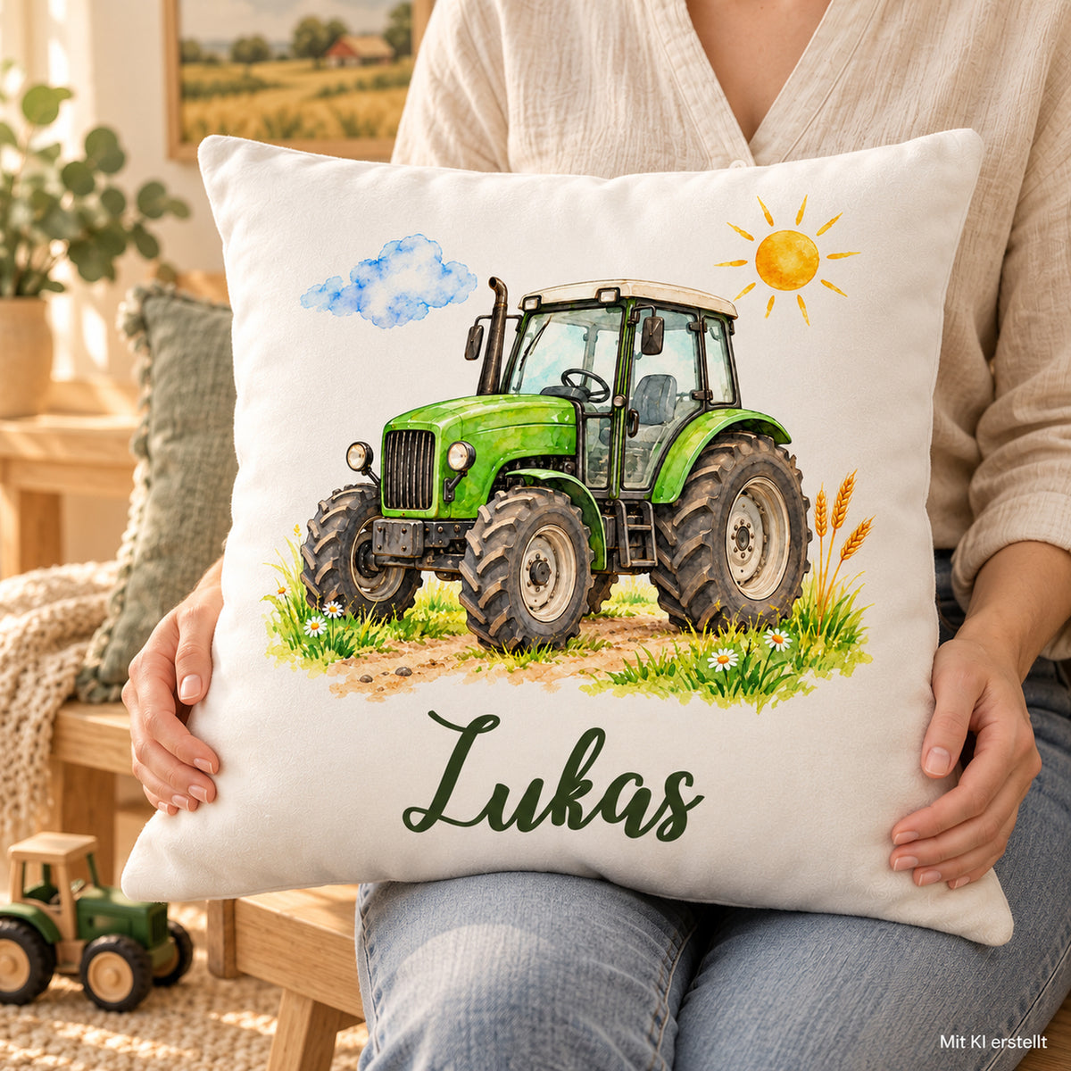 Eine sitzende Person hält den hellen Traktor-Kissenbezug mit Namen Lukas auf dem Schoß.