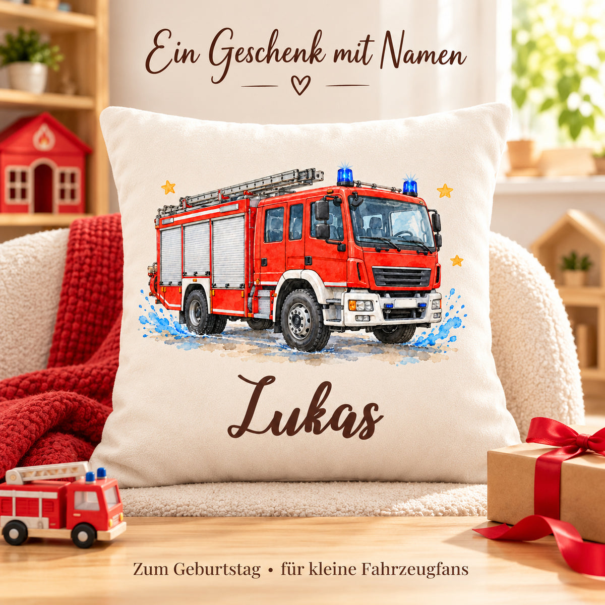 Feuerwehr-Kissen mit Lukas neben einem verpackten Geschenk als persönliche Geschenkidee.