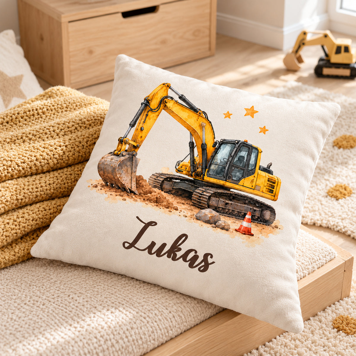 Bagger-Kissenbezug mit Lukas aus seitlicher Perspektive in einer gemütlichen Wohnszene.