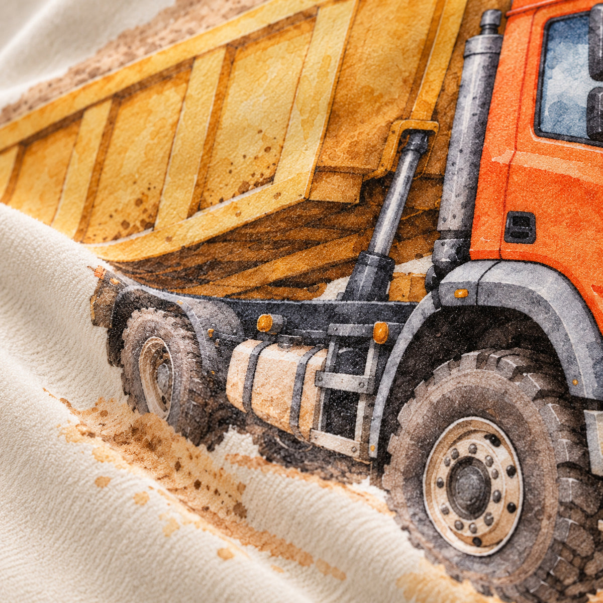 Nahaufnahme des orange-gelben Kipplasters und der hellen Stoffstruktur des Kissenbezugs.
