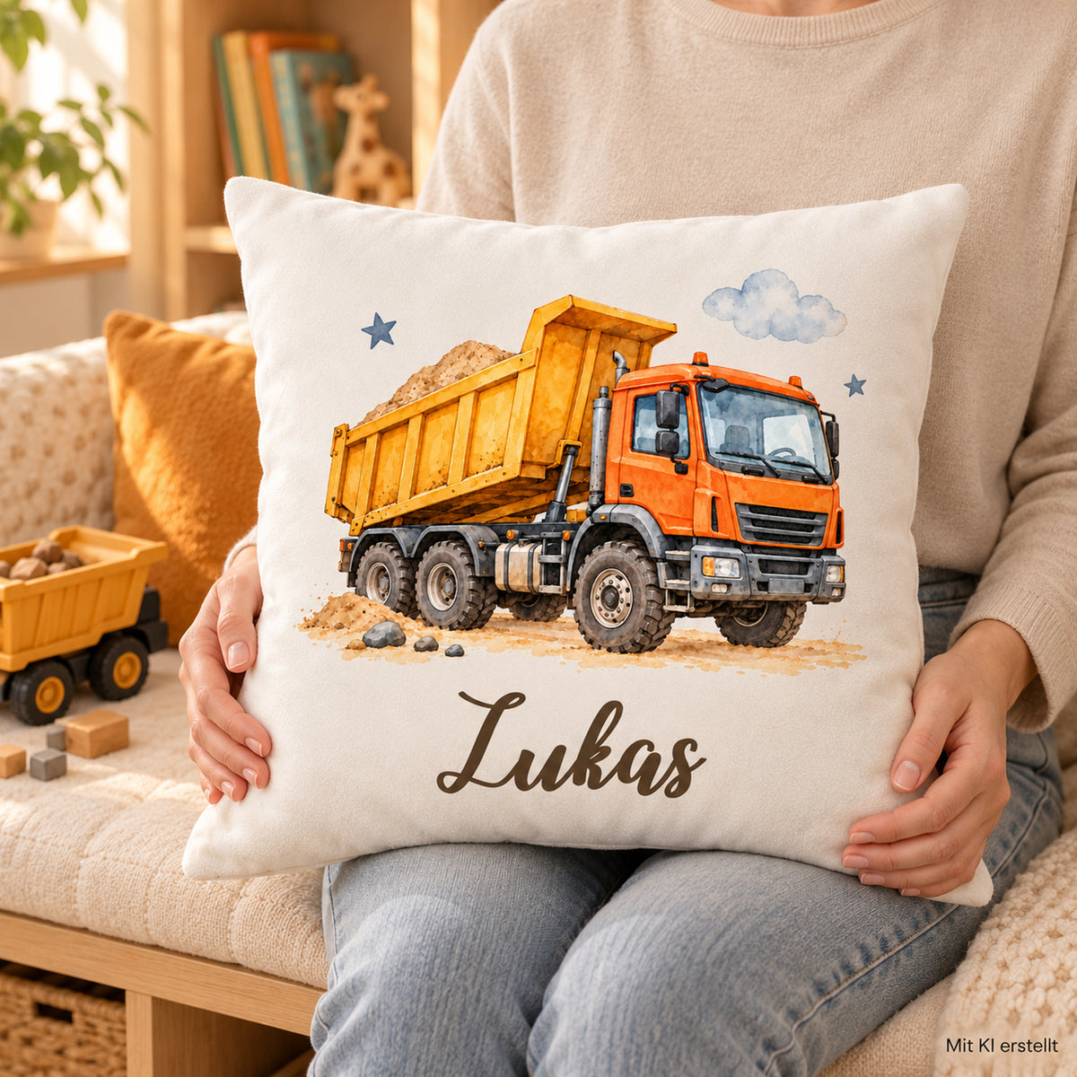 Eine sitzende Person hält den hellen Kipplaster-Kissenbezug mit Namen Lukas auf dem Schoß.