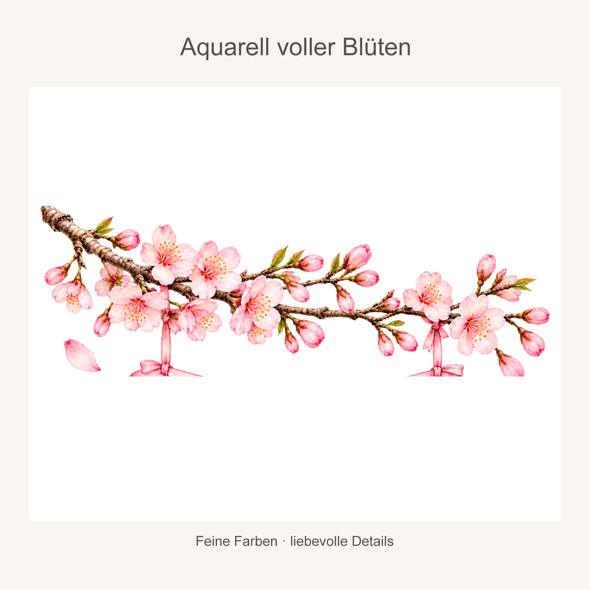 Vergrößerter Aquarell-Blütenzweig mit Kirschblüten und feinen Blütendetails auf hellem Hintergrund.