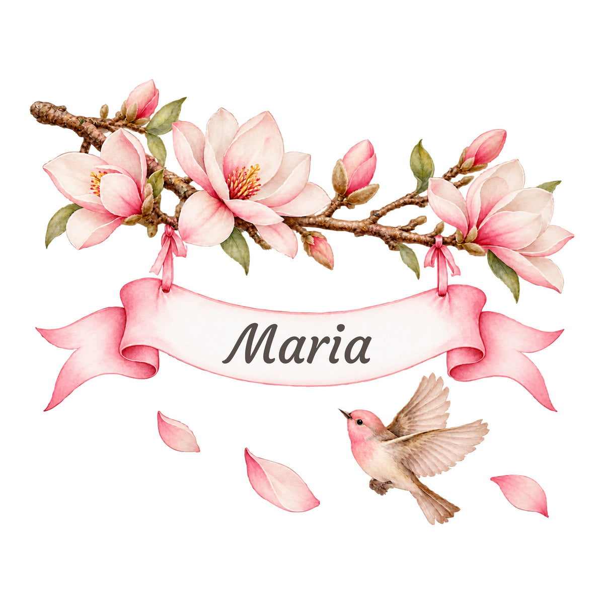 Aquarell-Wandtattoo mit Magnolien, Vogel und weißem Namensband mit rosa Schleifenenden auf weißem Hintergrund.