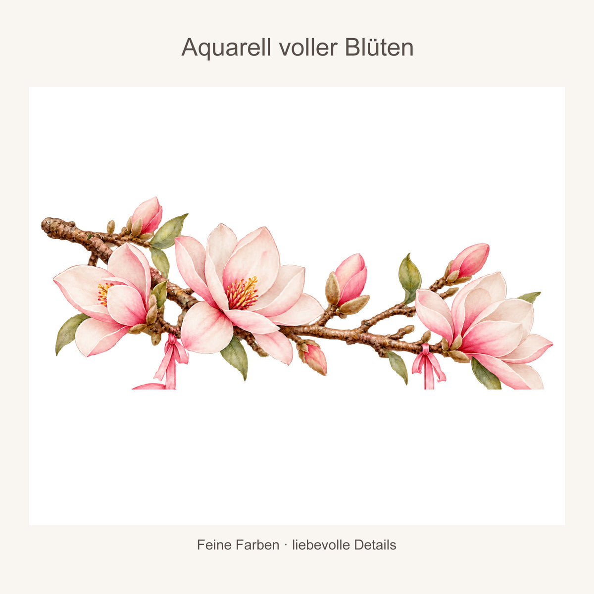 Vergrößerter Aquarell-Blütenzweig mit Magnolien und feinen Blütendetails auf hellem Hintergrund.