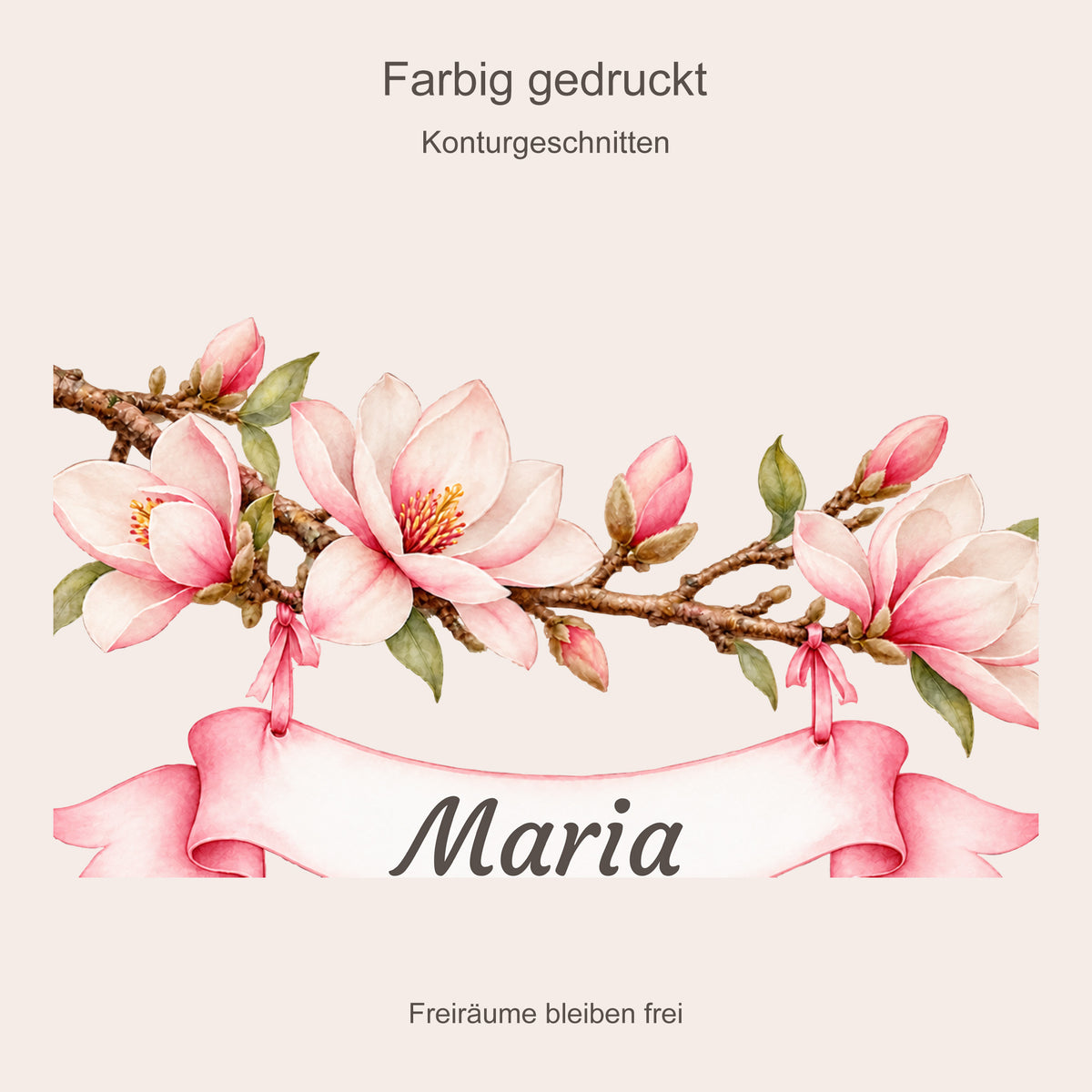 Detail des farbig gedruckten Magnolien-Wandtattoos mit weißem Namensband und Hinweis auf freie Zwischenräume.