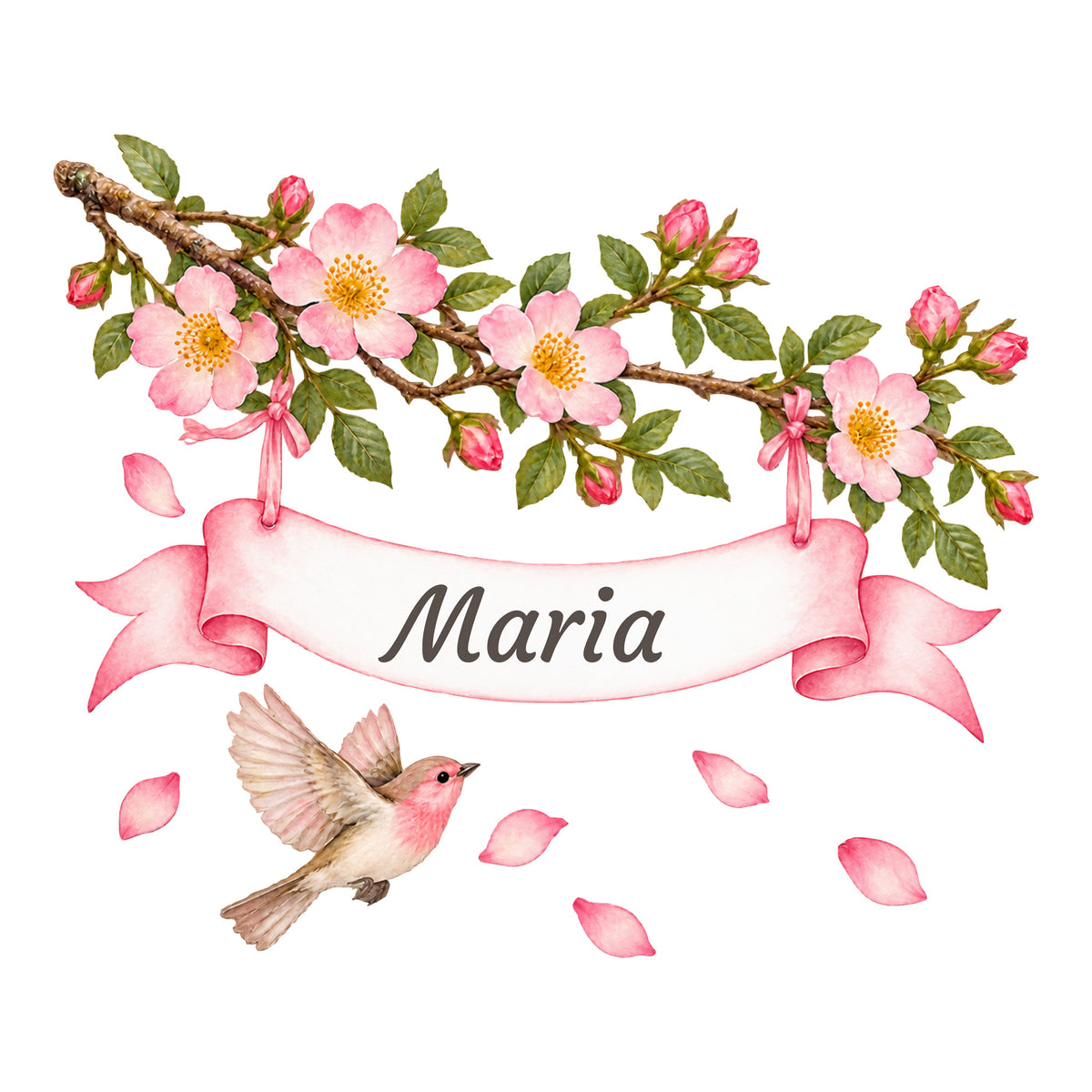 Aquarell-Wandtattoo mit Wildrosen, Vogel und weißem Namensband mit rosa Schleifenenden auf weißem Hintergrund.