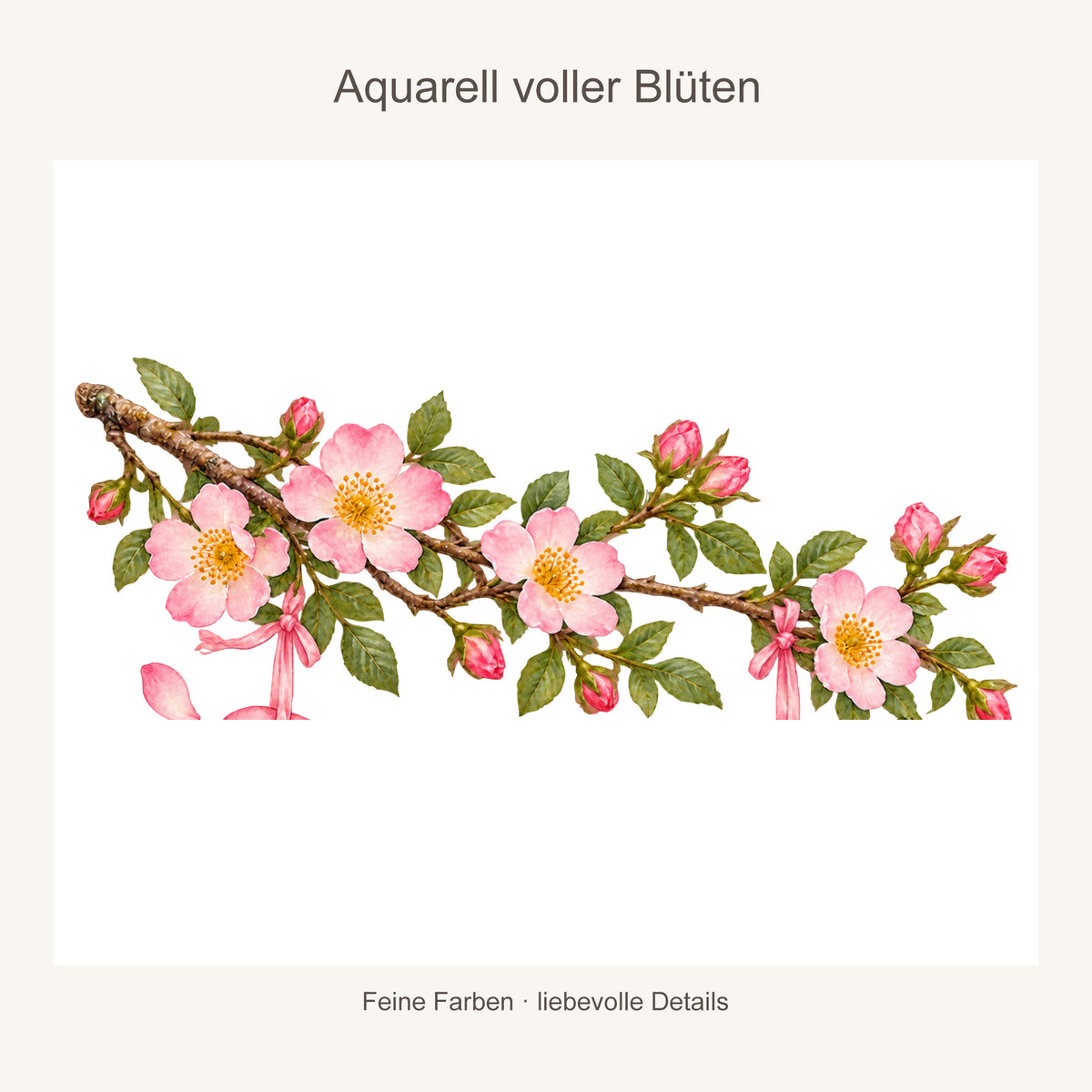 Vergrößerter Aquarell-Blütenzweig mit Wildrosen und feinen Blütendetails auf hellem Hintergrund.