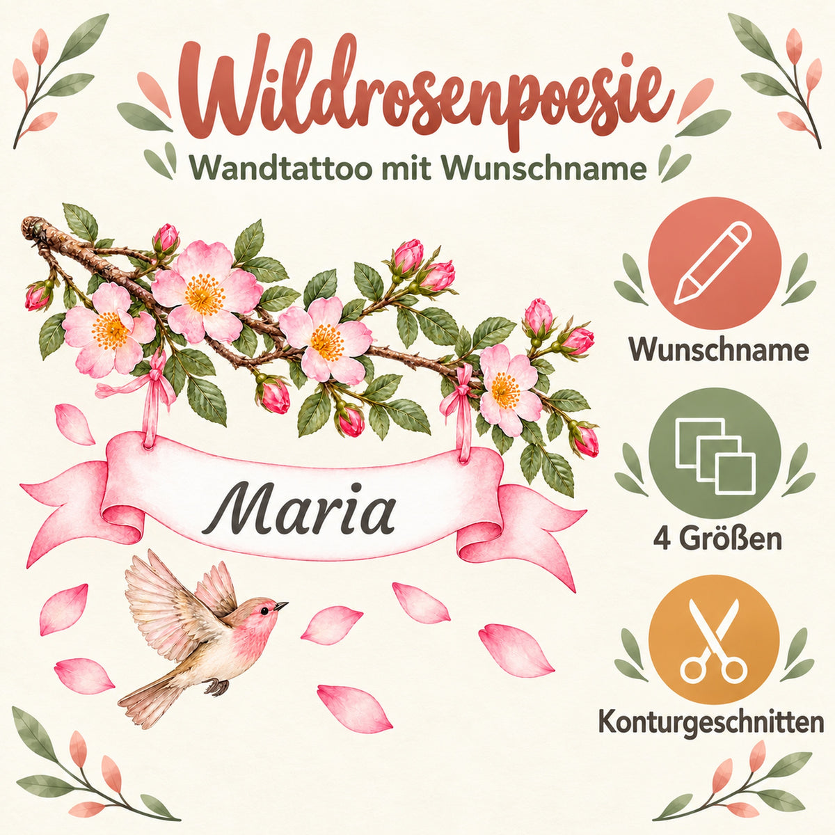 Wildrosen-Wandtattoo mit Namensband und Hinweisen zu Wunschname, vier Größen und Konturschnitt.