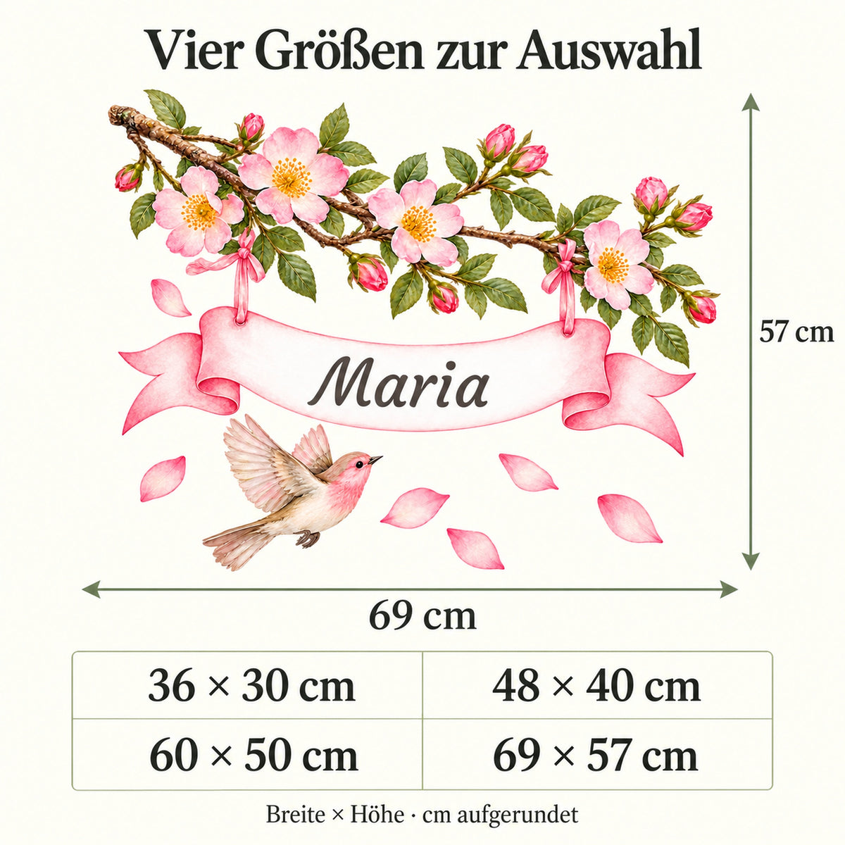 Größenübersicht des Wildrosen-Wandtattoos mit Vogel und Namensband: vier Größen mit Gesamtmaßen und Maßpfeilen.