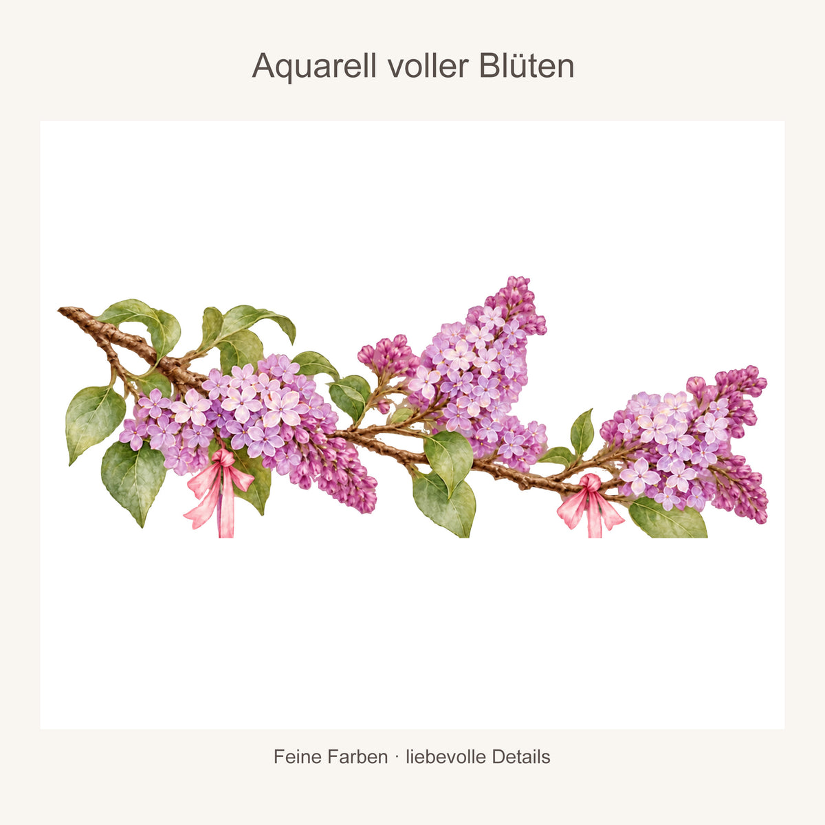 Vergrößerter Aquarell-Blütenzweig mit Flieder und feinen Blütendetails auf hellem Hintergrund.