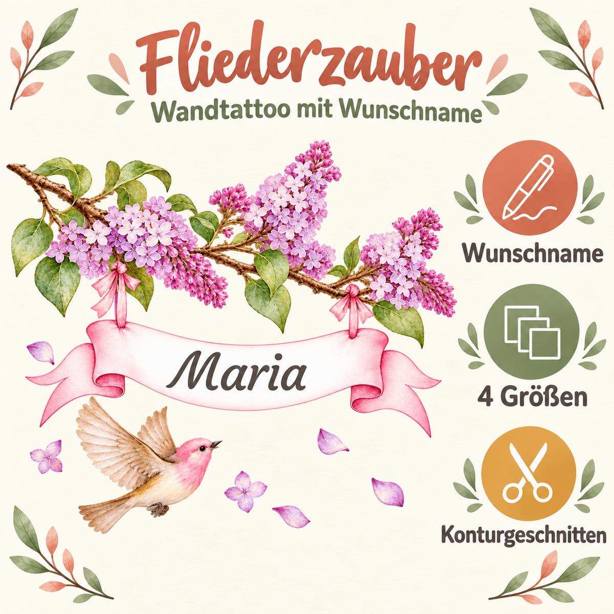 Flieder-Wandtattoo mit Namensband und Hinweisen zu Wunschname, vier Größen und Konturschnitt.