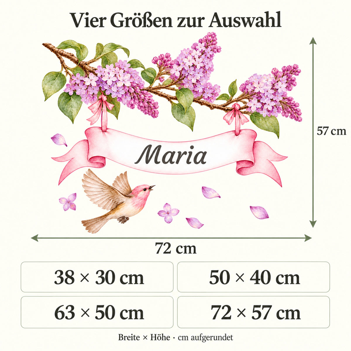 Größenübersicht des Flieder-Wandtattoos mit Vogel und Namensband: vier Größen mit Gesamtmaßen und Maßpfeilen.