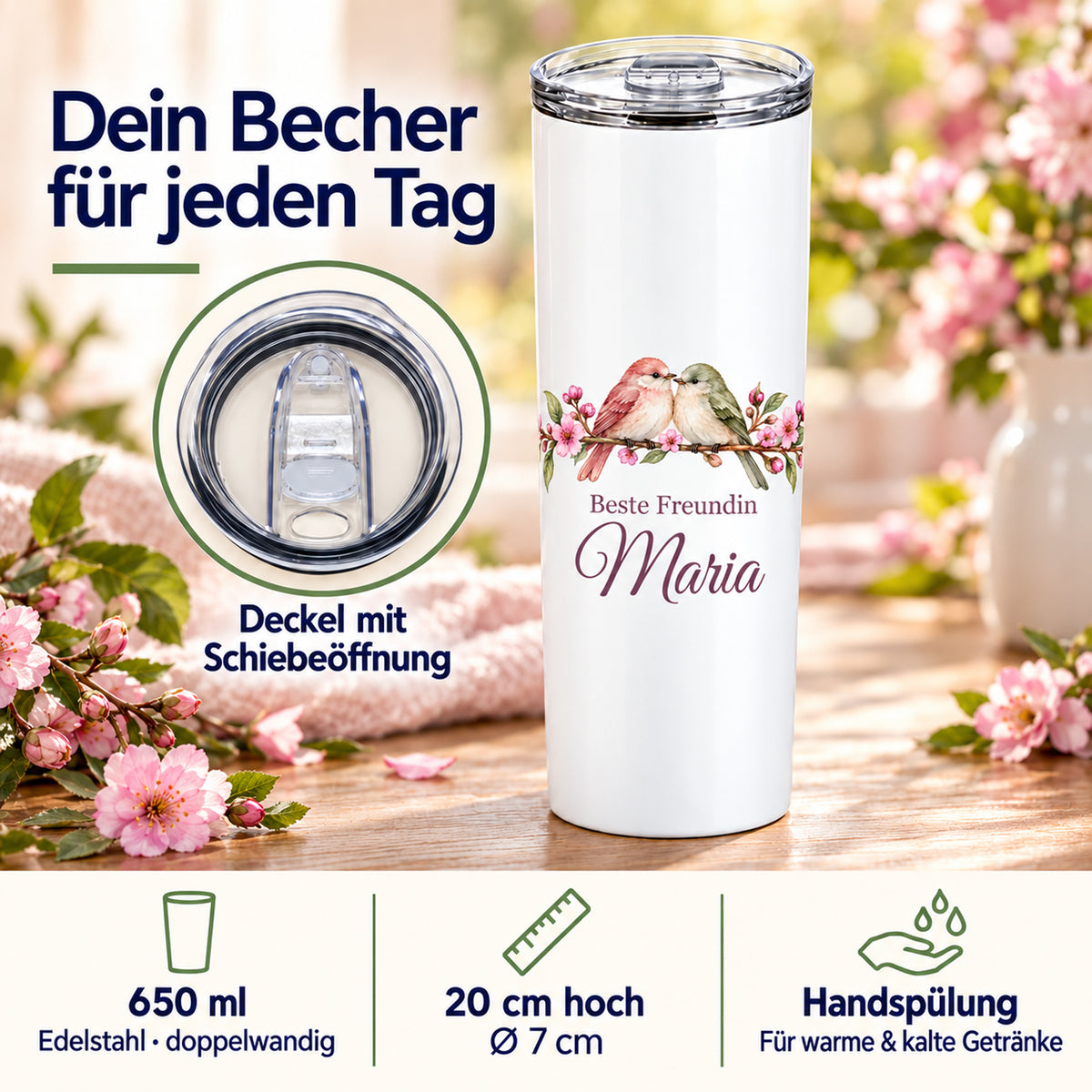 Weißer Thermobecher mit Motiv Freundschaftsvögel, Schriftzug Beste Freundin und Wunschname mit Angaben zu 650 ml, Maßen, Deckel und Handspülung.