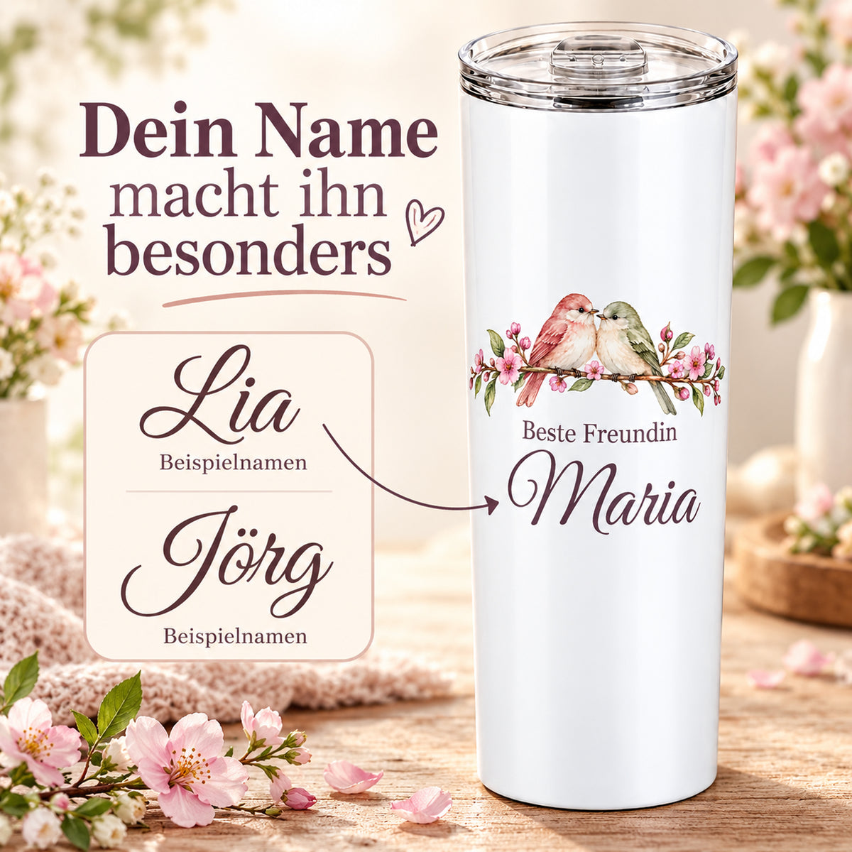 Weißer Thermobecher mit Motiv Freundschaftsvögel, Schriftzug Beste Freundin und Wunschname mit unterschiedlich langen Wunschnamen.