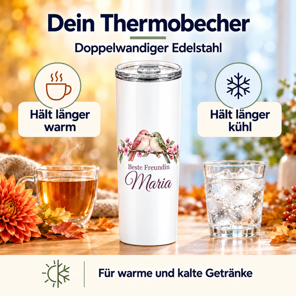 Weißer Thermobecher mit Motiv Freundschaftsvögel, Schriftzug Beste Freundin und Wunschname mit Darstellung der Warm- und Kalthaltefunktion.