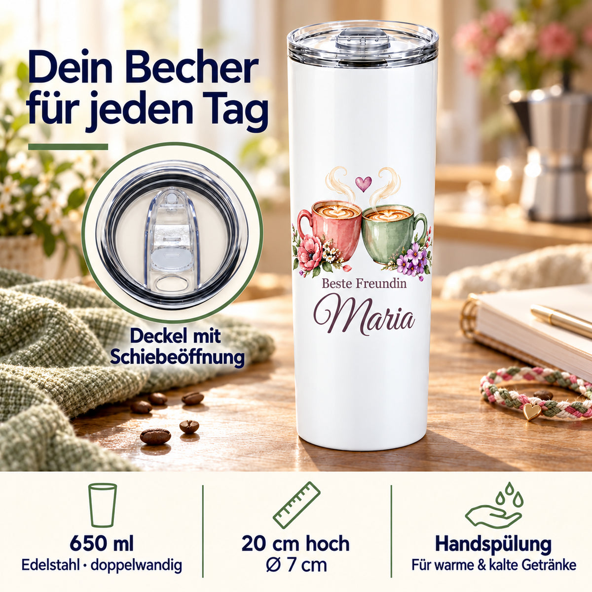 Weißer Thermobecher mit Motiv Kaffeeglück, Schriftzug Beste Freundin und Wunschname mit Angaben zu 650 ml, Maßen, Deckel und Handspülung.