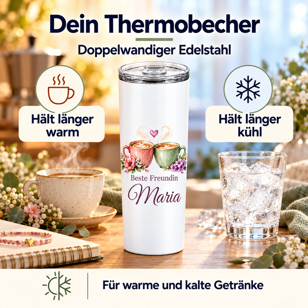 Weißer Thermobecher mit Motiv Kaffeeglück, Schriftzug Beste Freundin und Wunschname mit Darstellung der Warm- und Kalthaltefunktion.