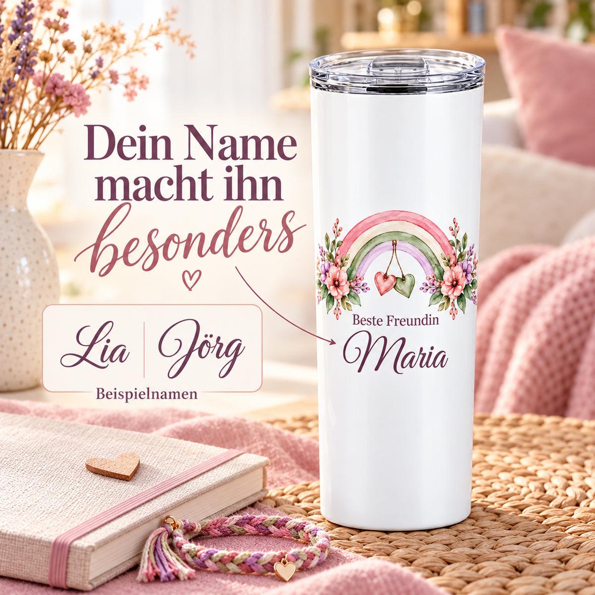 Weißer Thermobecher mit Motiv Regenbogenband, Schriftzug Beste Freundin und Wunschname mit unterschiedlich langen Wunschnamen.