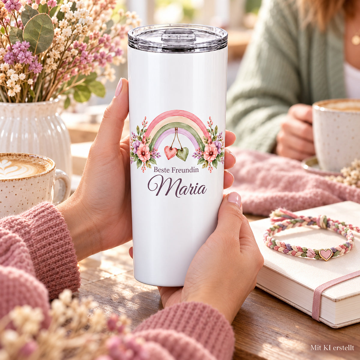 Weißer Thermobecher mit Motiv Regenbogenband, Schriftzug Beste Freundin und Wunschname in Händen bei einer Kaffeepause; Kennzeichnung Mit KI erstellt.