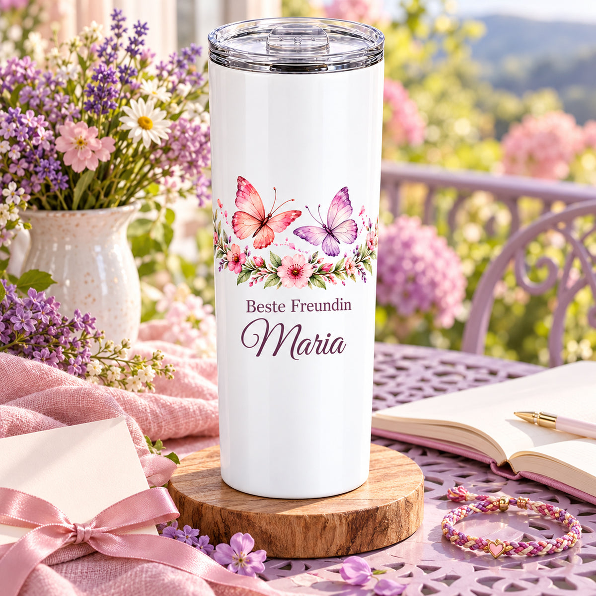 Weißer Thermobecher mit Motiv Für immer verbunden, Schriftzug Beste Freundin und Wunschname auf einem dekorierten Geschenktisch.