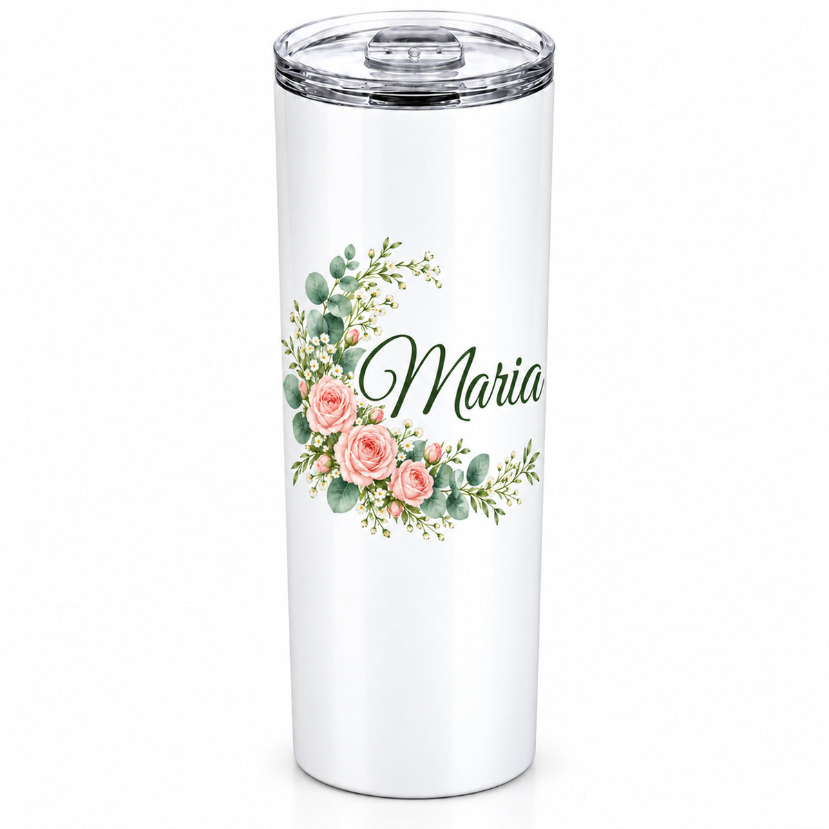 Weißer Thermobecher mit Motiv Rosenbogen, Blumenranke und Name Wunschname freigestellt auf weißem Hintergrund.