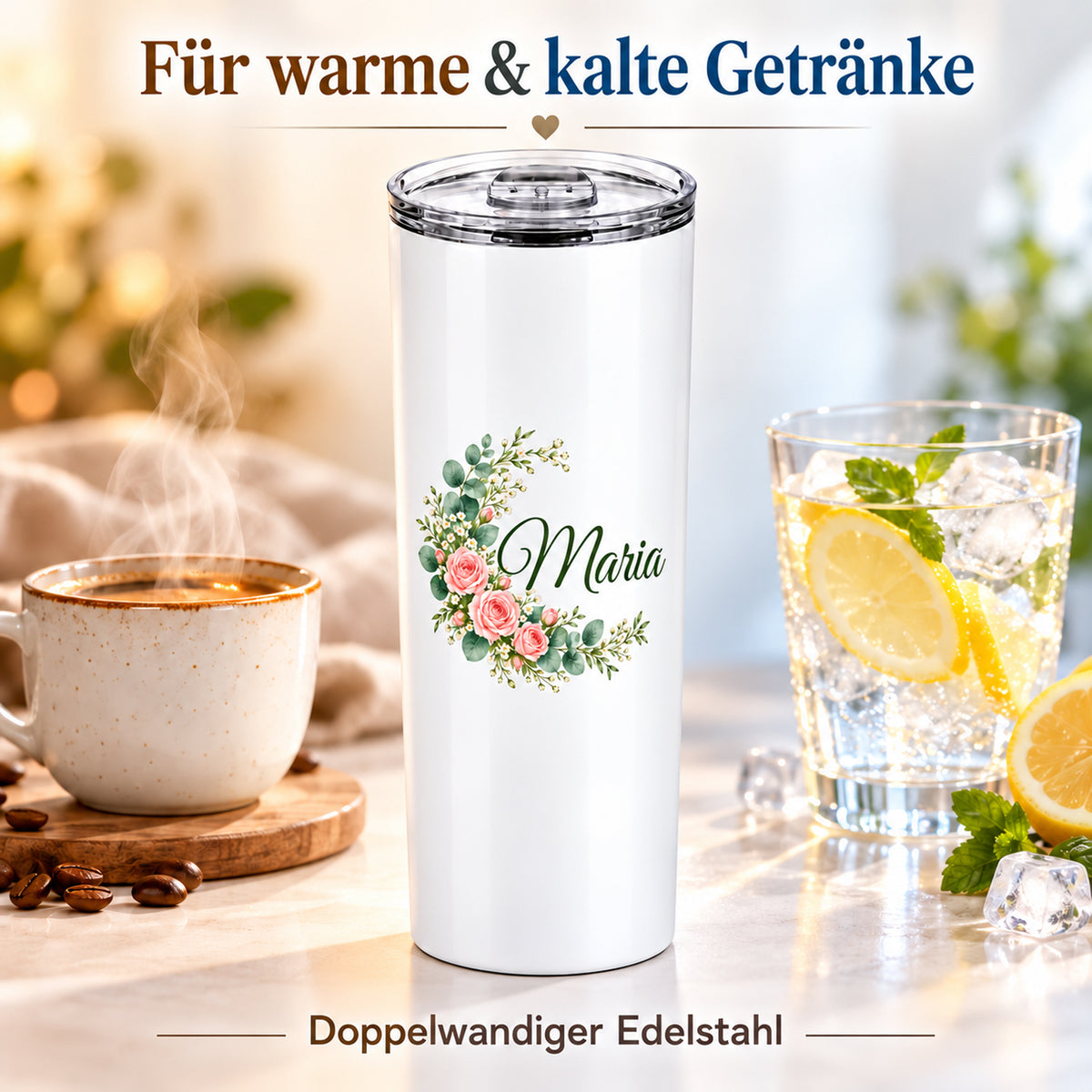 Weißer Thermobecher mit Motiv Rosenbogen, Blumenranke und Name Wunschname mit Darstellung der Warm- und Kalthaltefunktion.