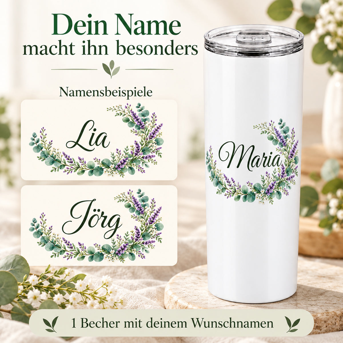 Weißer Thermobecher mit Motiv Lavendelzauber, Blumenranke und Name Wunschname mit den Beispielnamen Lia und Jörg.