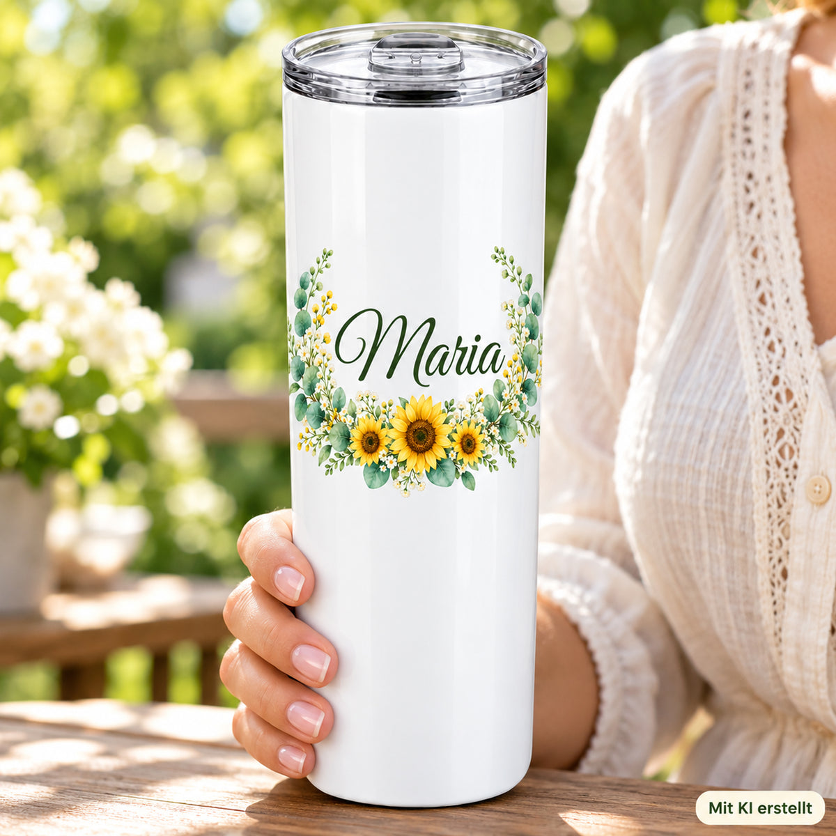 Weißer Thermobecher mit Motiv Sonnenblüten, Blumenranke und Name Wunschname in Händen bei einer Kaffeepause; Kennzeichnung Mit KI erstellt.