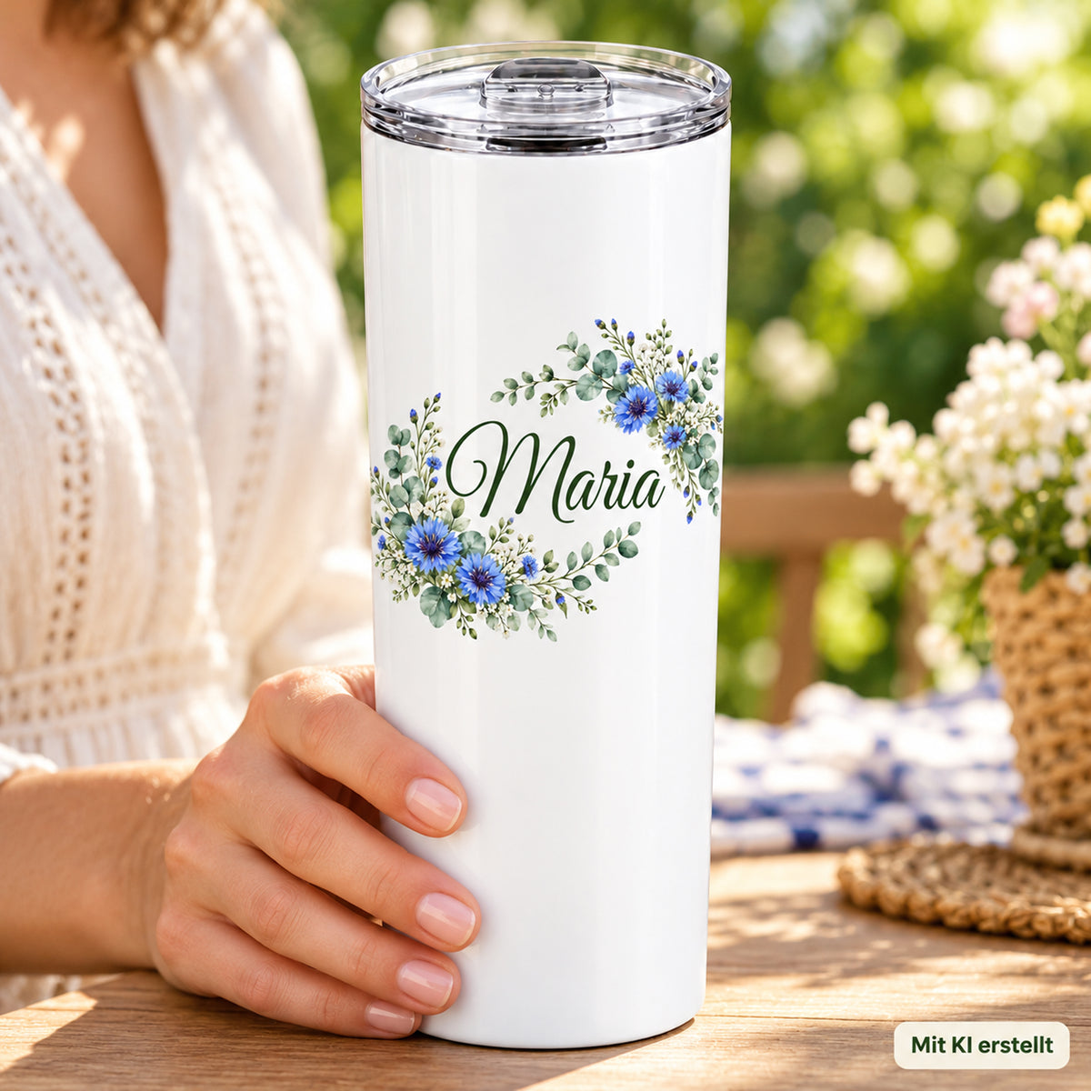 Weißer Thermobecher mit Motiv Kornblumentraum, Blumenranke und Name Wunschname in Händen bei einer Kaffeepause; Kennzeichnung Mit KI erstellt.