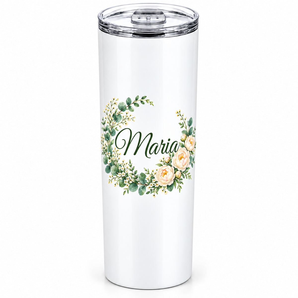 Weißer Thermobecher mit Motiv Pfingstrosenkranz, Blumenranke und Name Wunschname freigestellt auf weißem Hintergrund.