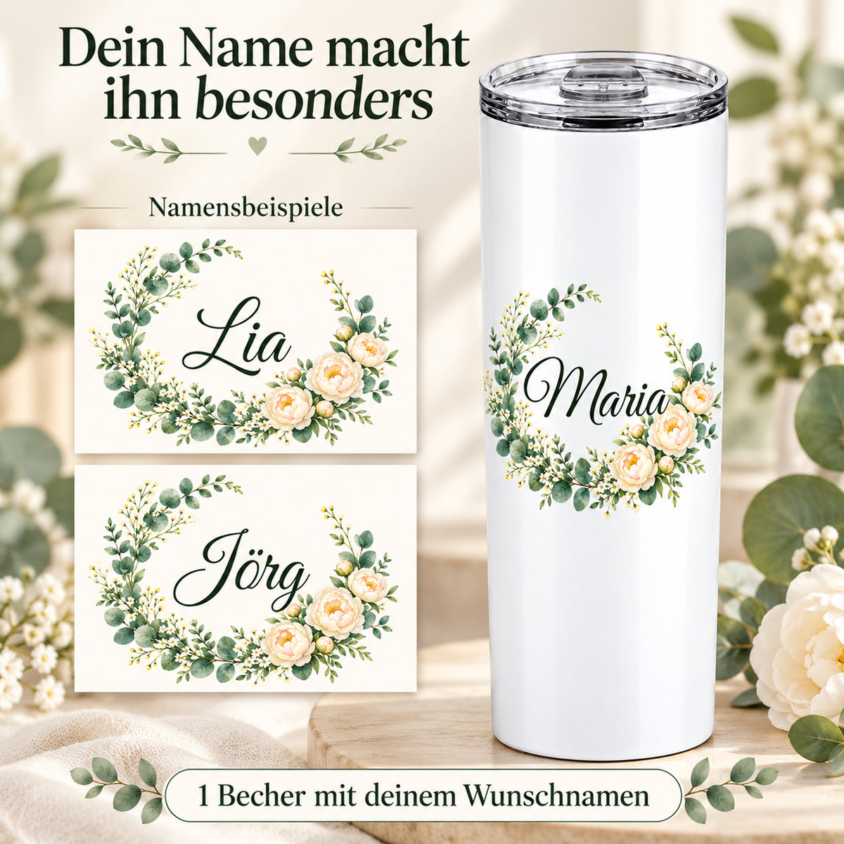 Weißer Thermobecher mit Motiv Pfingstrosenkranz, Blumenranke und Name Wunschname mit den Beispielnamen Lia und Jörg.