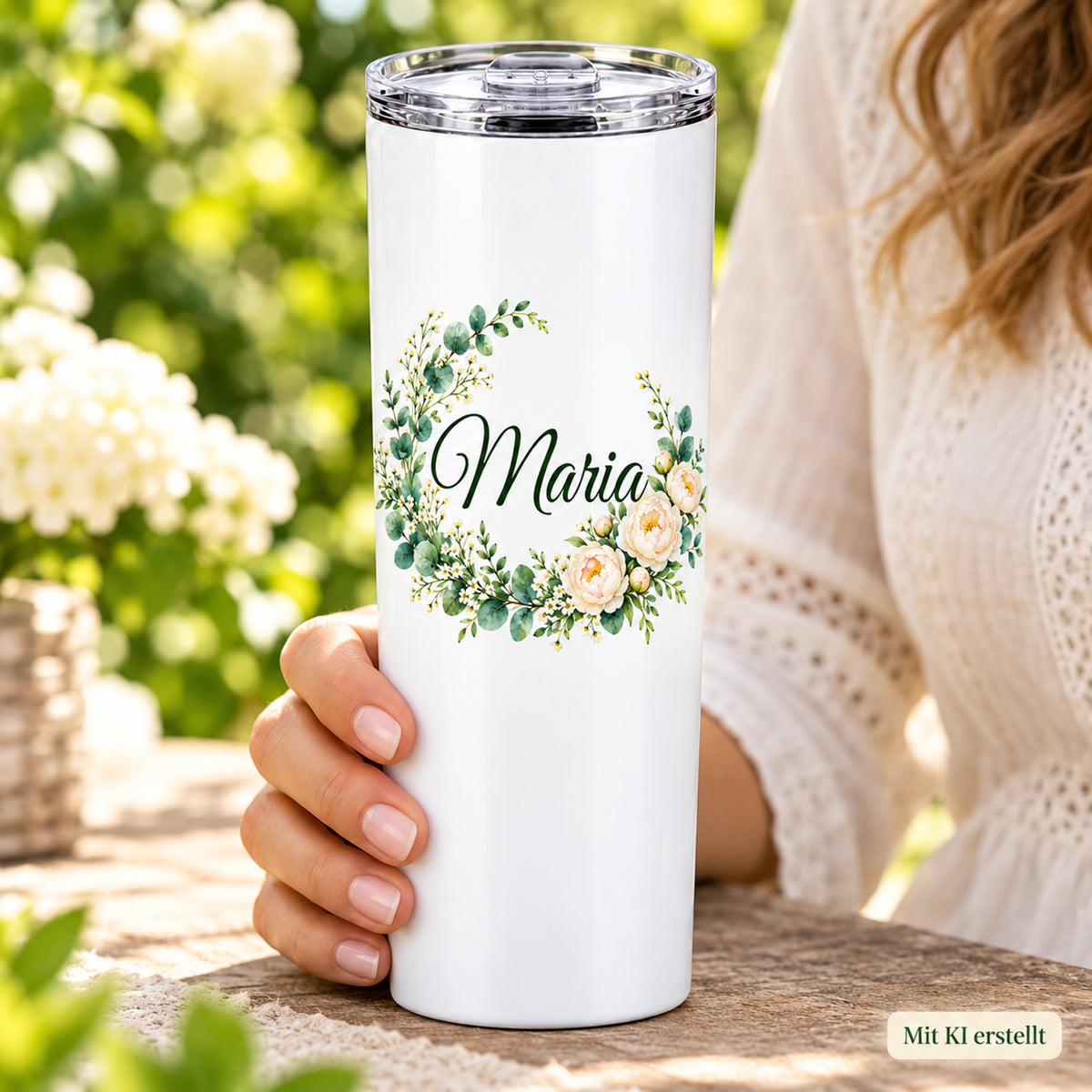 Weißer Thermobecher mit Motiv Pfingstrosenkranz, Blumenranke und Name Wunschname in Händen bei einer Kaffeepause; Kennzeichnung Mit KI erstellt.