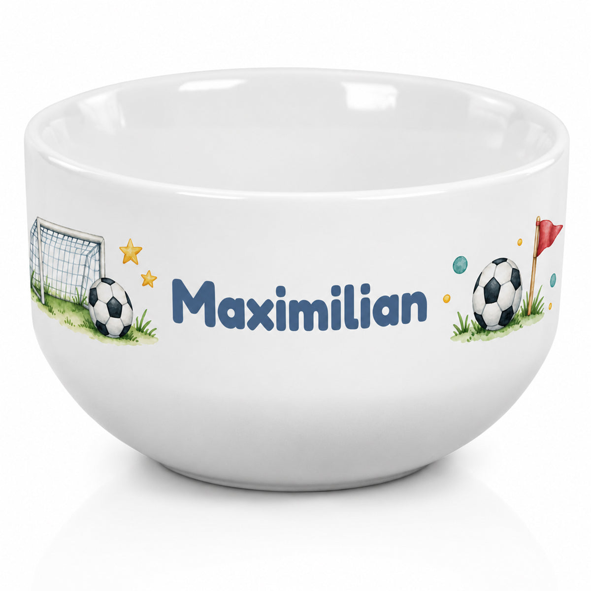 Weiße Müslischale mit Tor und Ball und Wunschname vor hellem Hintergrund