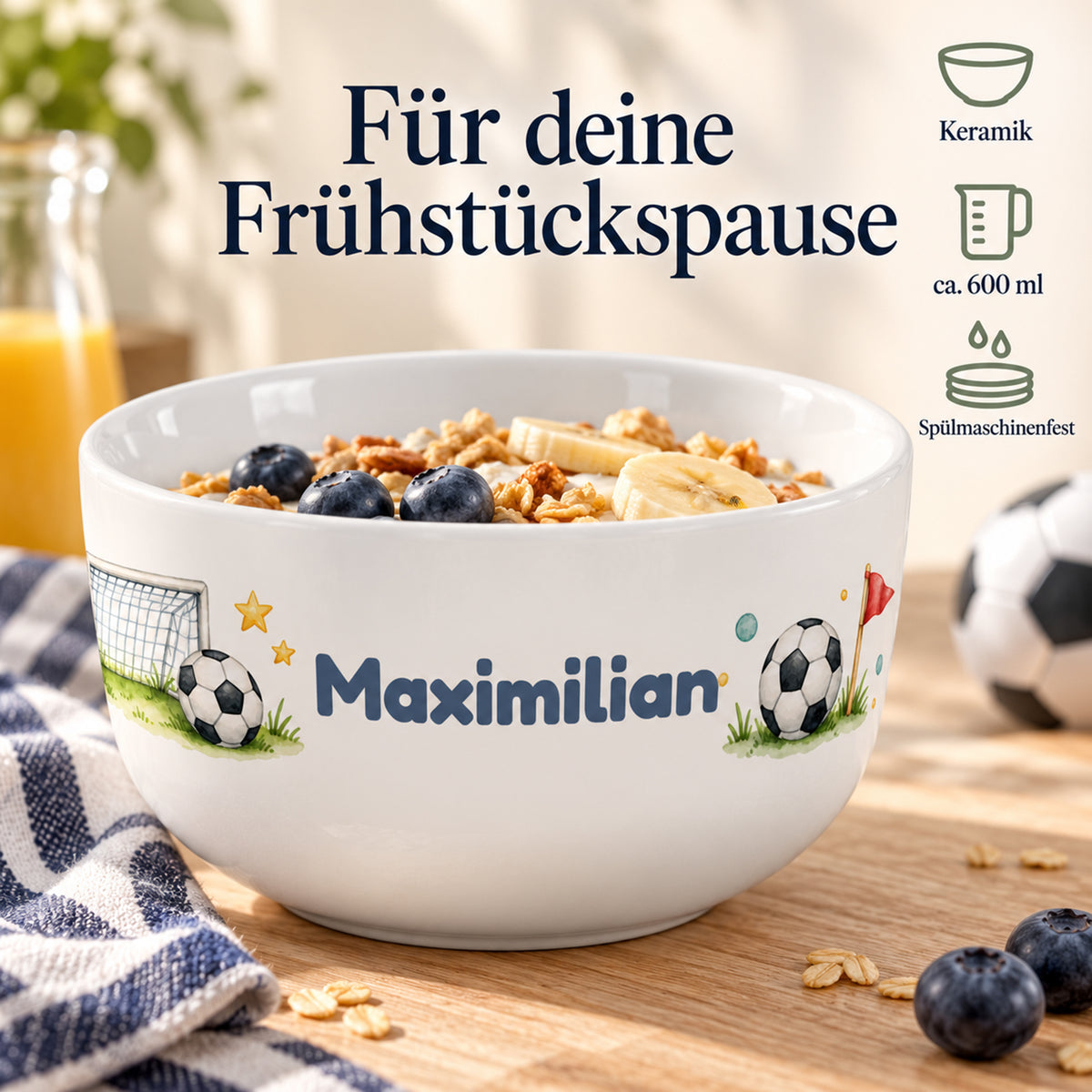 Müslischale mit Tor und Ball: Angaben zu Keramik, ca. 600 ml und Pflege