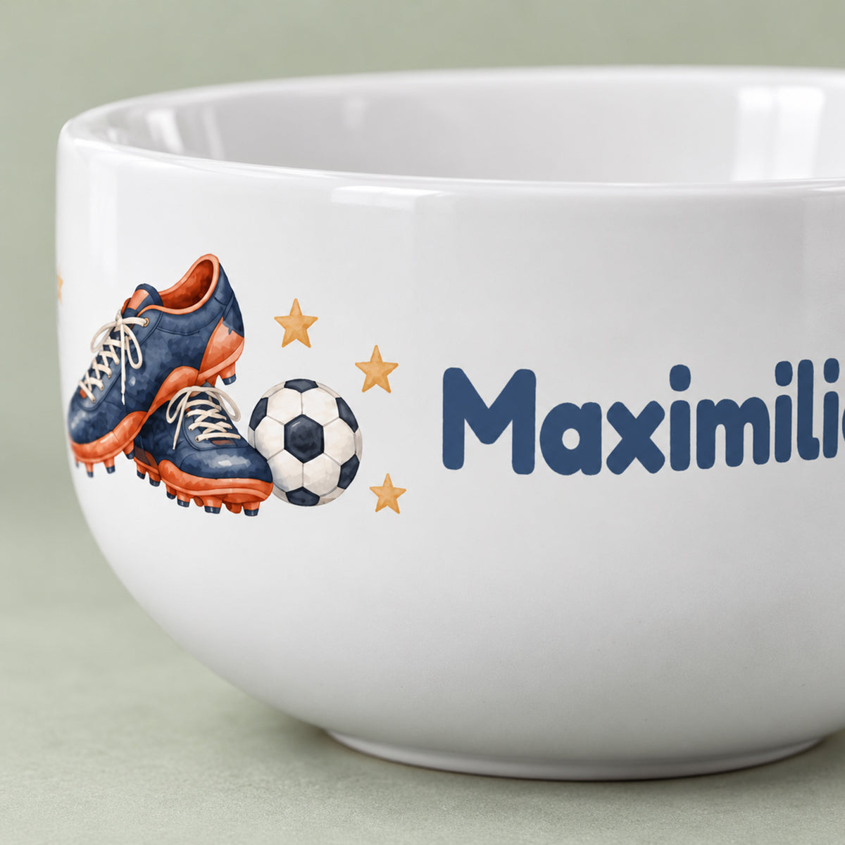 Detail des Aquarell-Fußballmotivs auf der weißen personalisierten Müslischale