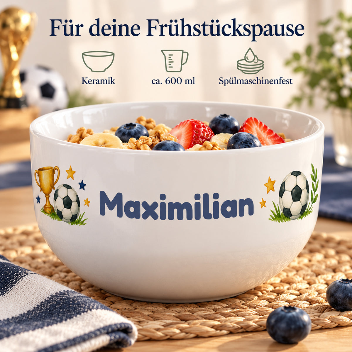 Müslischale mit Siegerpokal und Fußball: Angaben zu Keramik, ca. 600 ml und Pflege