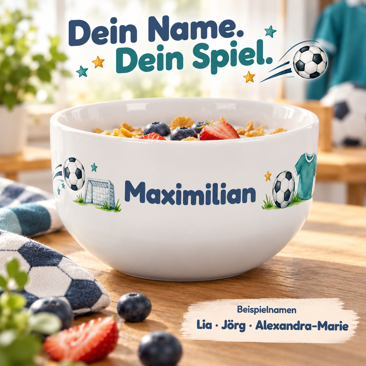 Große Namensfläche zwischen Fußballtrikot und Ball auf der personalisierten Müslischale
